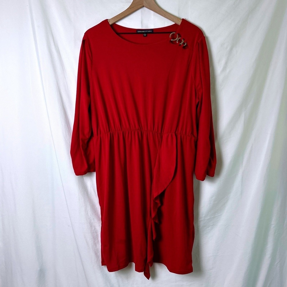Adrienne Vittadini Women Ruffle Gold Ring Accent Sheath Midi Dress Size XL Red